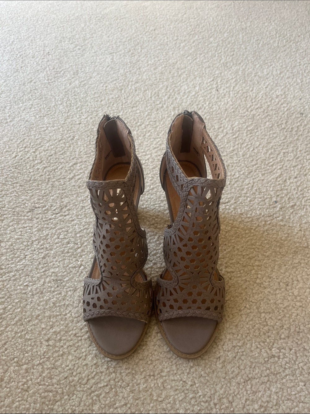 Report Taupe Laser-Cut Peep-Toe Heels